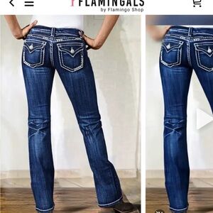 Flamingals Womans Blue Jeans {Size Large} #80291 White Flattering Stitching